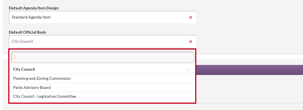The Default Official Body field and dropdown list.