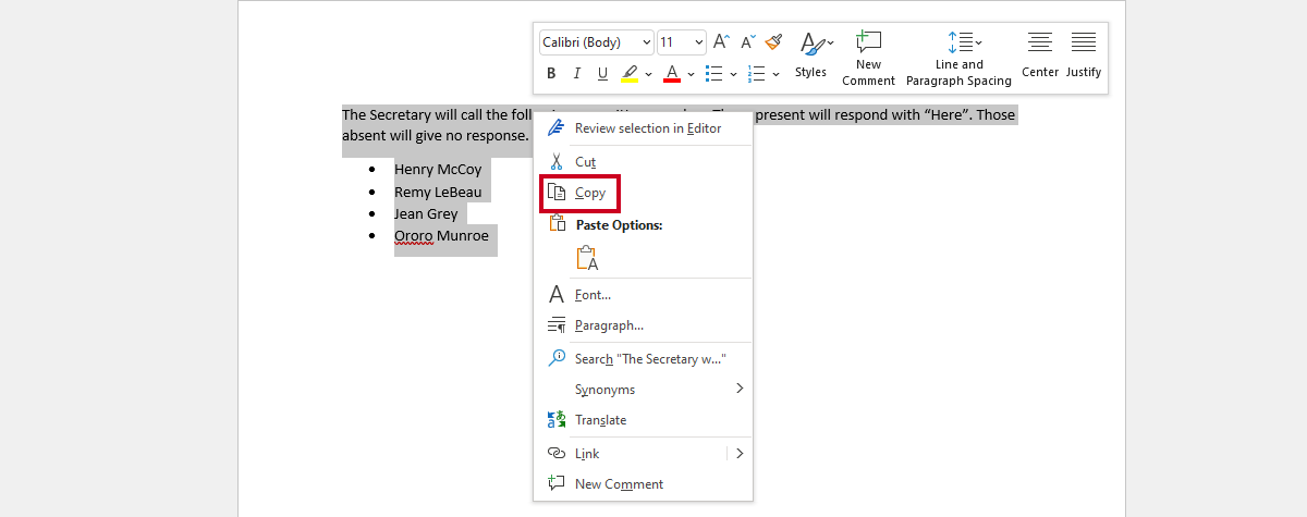 right-click menu, copy