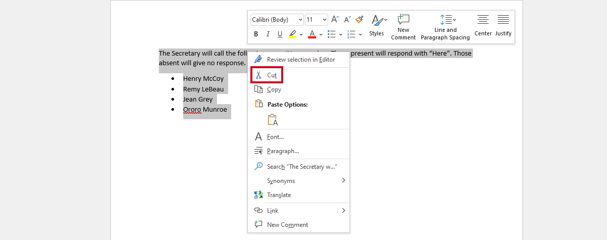 right-click menu, cut