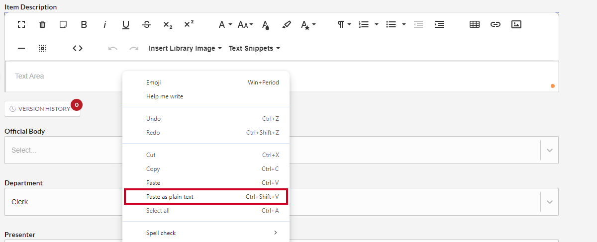 item description text editor, right-click menu, paste as plain text