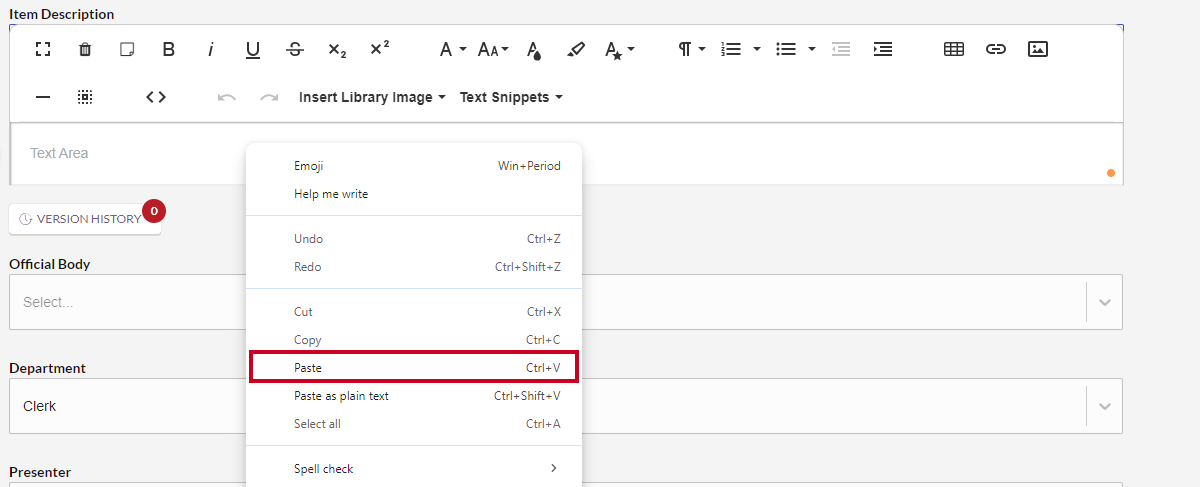 item description text editor, right-click menu, paste