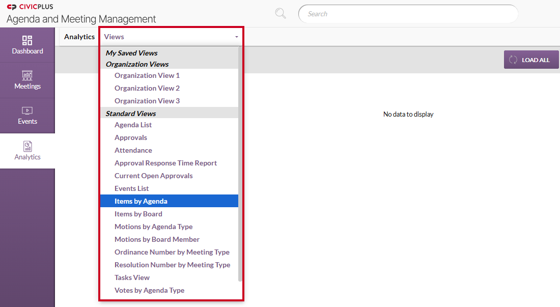 The Views drop-down menu within the Analytics module.