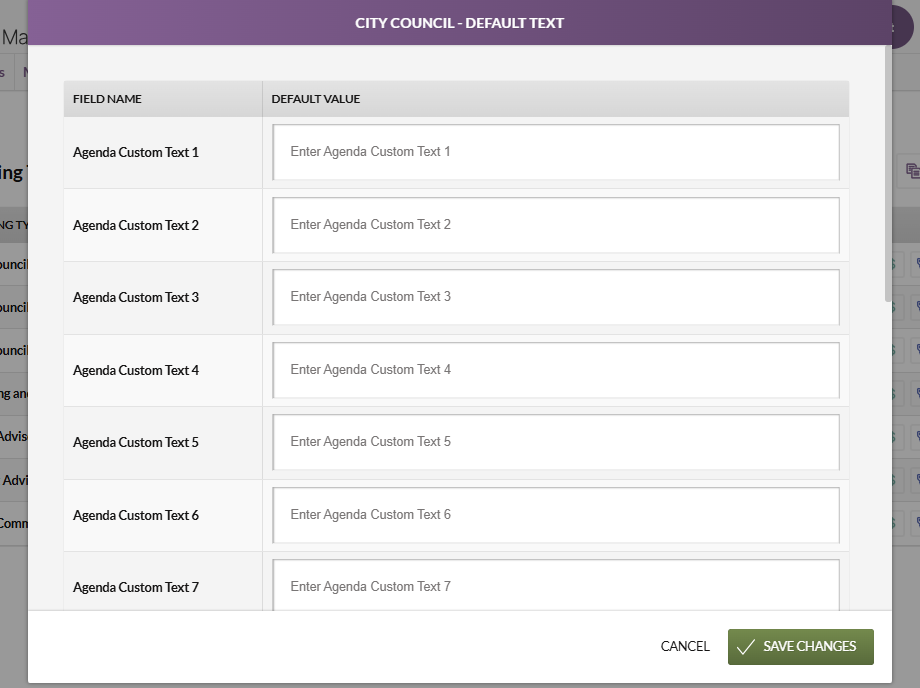 The Default Text modal and fields.