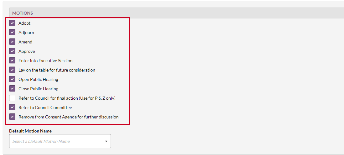 The Motions section on the Options page.