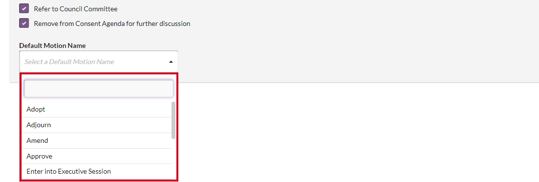 The Default Motion Name dropdown in the Motions section.