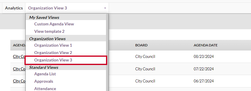 views drop-down menu, organization views