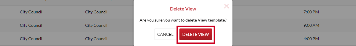confirm delete pop-up message, delete view button