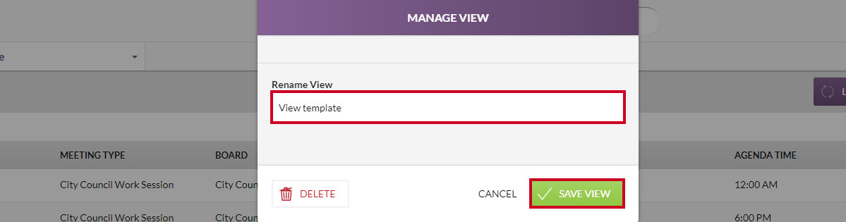 rename view input box and save view button