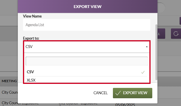 The Export to: field on the Export View modal.