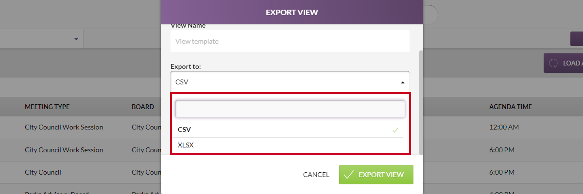 select an export file type CSV or XLSX