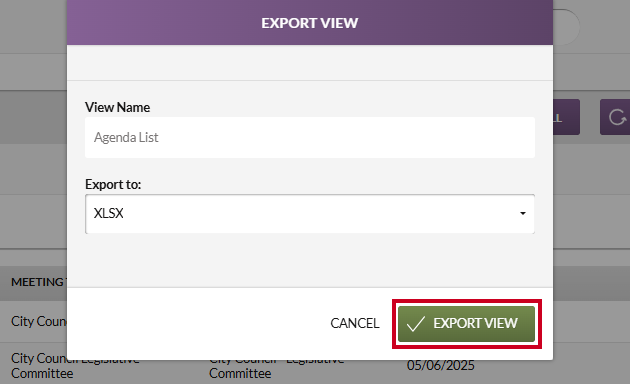The green, rectangular Export View button in the lower-right corner of the Export View modal.