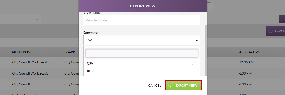 export view window pop-up, export view button