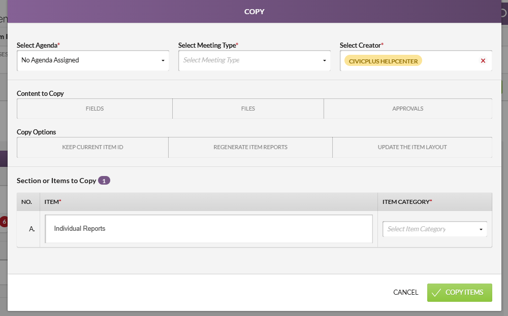 The Copy modal information fields.