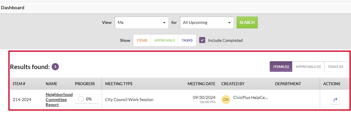 An example filtered result below the Dashboard filters.