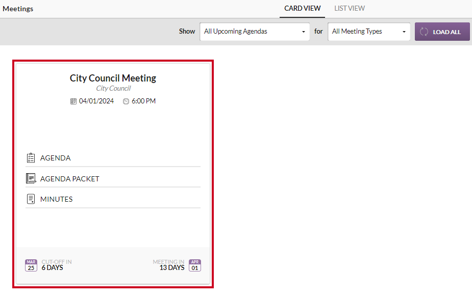 An agenda tile on the meetings screen.