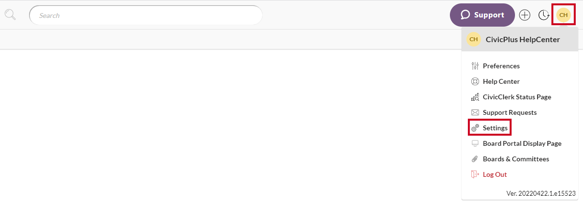user menu, settings