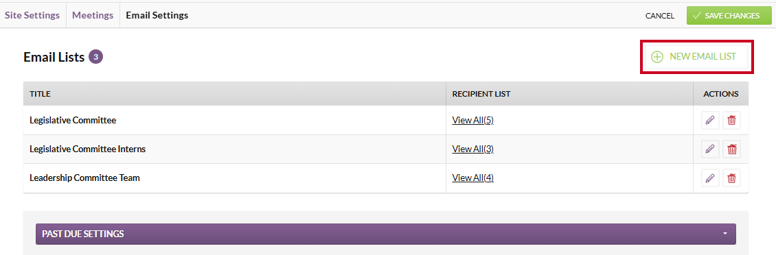 The white, rectangular New Email List button.