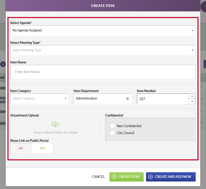 The Create Item modal information fields as they appear when navigated to from the Quick Add menu