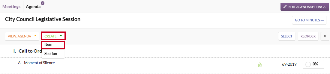 The Agenda Outline Create menu with the Item option highlighted.