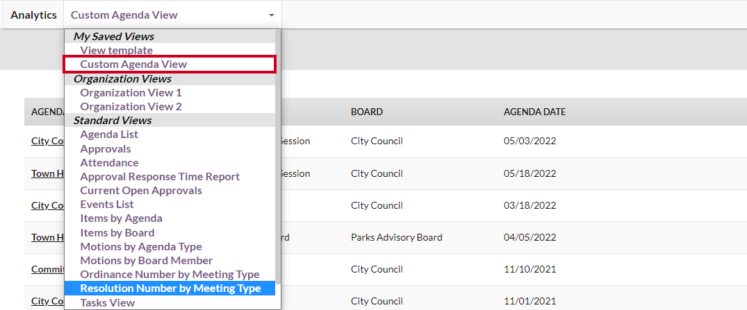 The Views dropdown menu with an example custom view within the My Saved Views section highlighted.