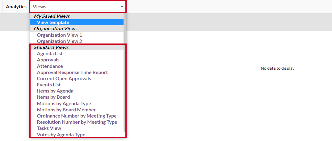views menu, standard view options