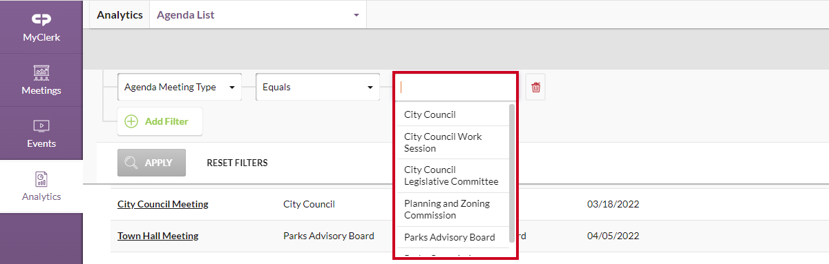 select meeting type option input box and drop-down menu