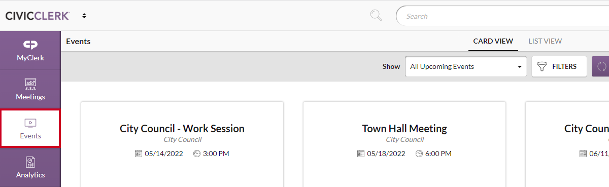 left-hand menu, events module