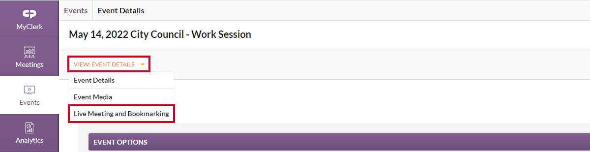 view menu, live meeting and bookmarking