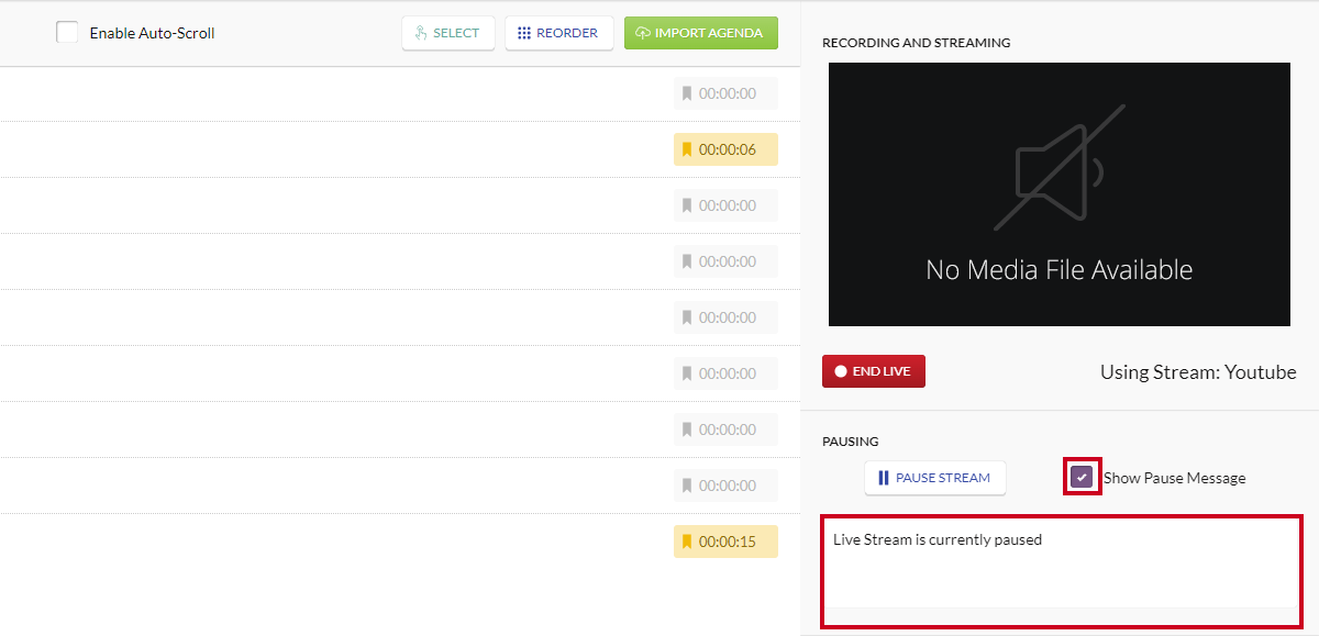 show pause message checkbox and message text box