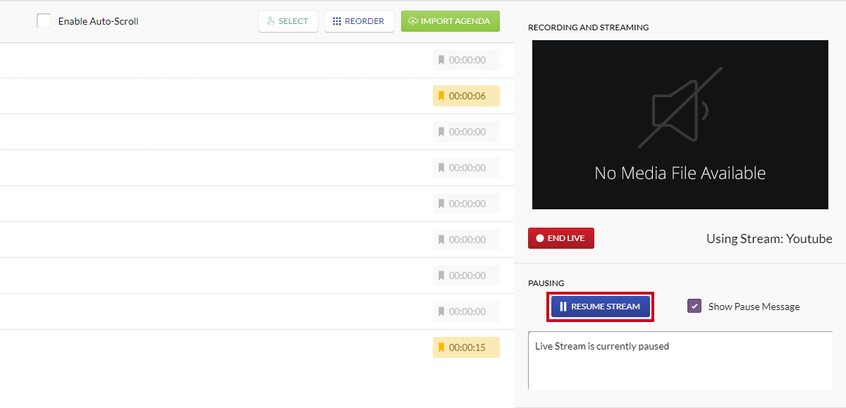 A blue, rectangular Resume Stream button that can be clicked to resume the event live stream after it has been paused.