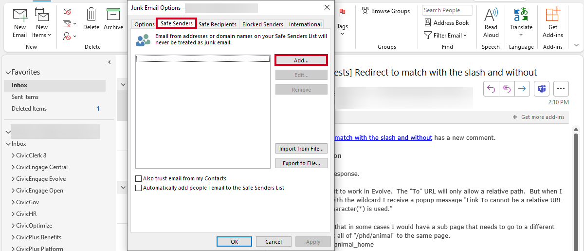 safe senders tab, add button