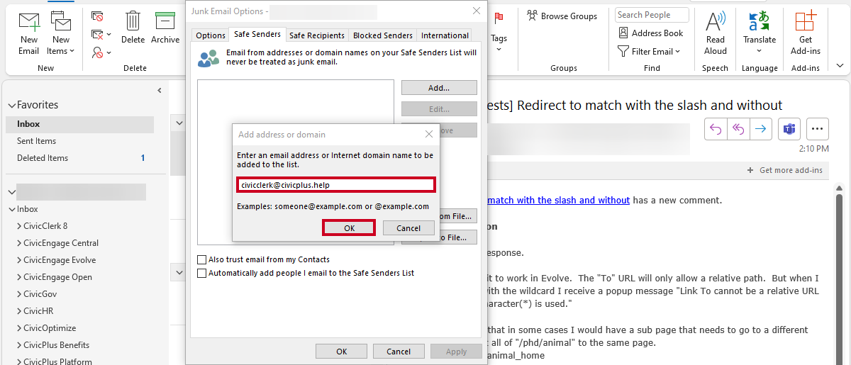 add address or domain window, email text box and okay button
