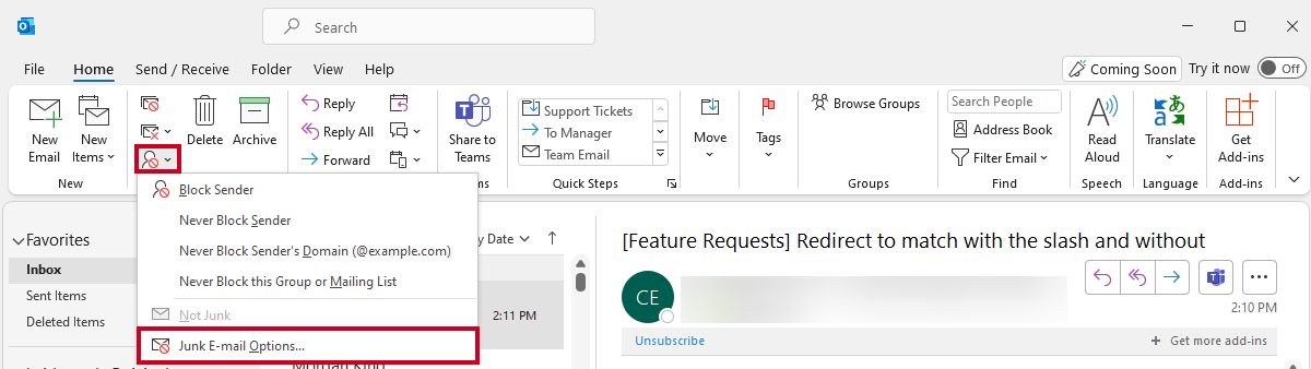 junk menu, junk e-mail options