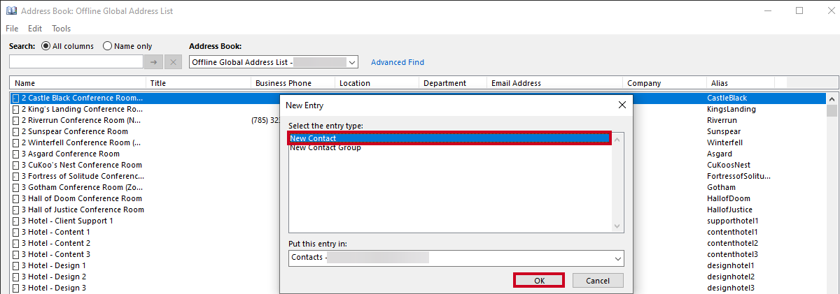 new entry window, new contact option, okay button
