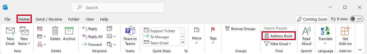 Microsoft Outlook, Home tab, address book tool