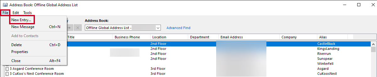 address book, file menu, new entry option