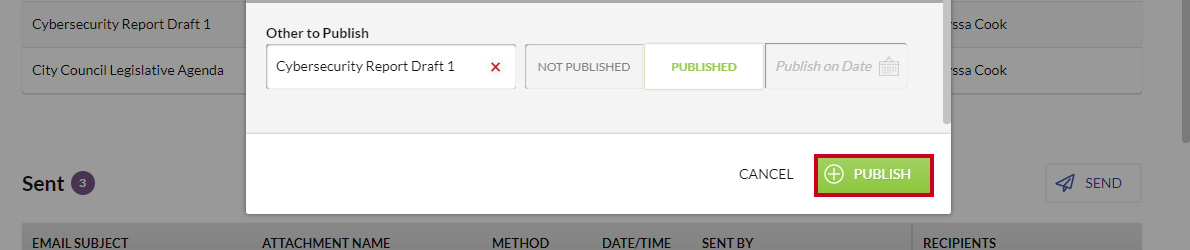 A green, rectangular Publish button with a circle-and-plus-sign icon in the bottom-right corner of the Publish window.