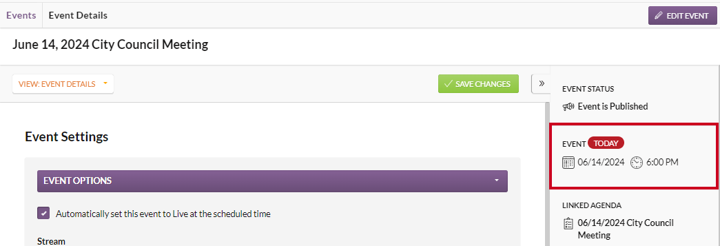 The event date and time in the right-hand sidebar.