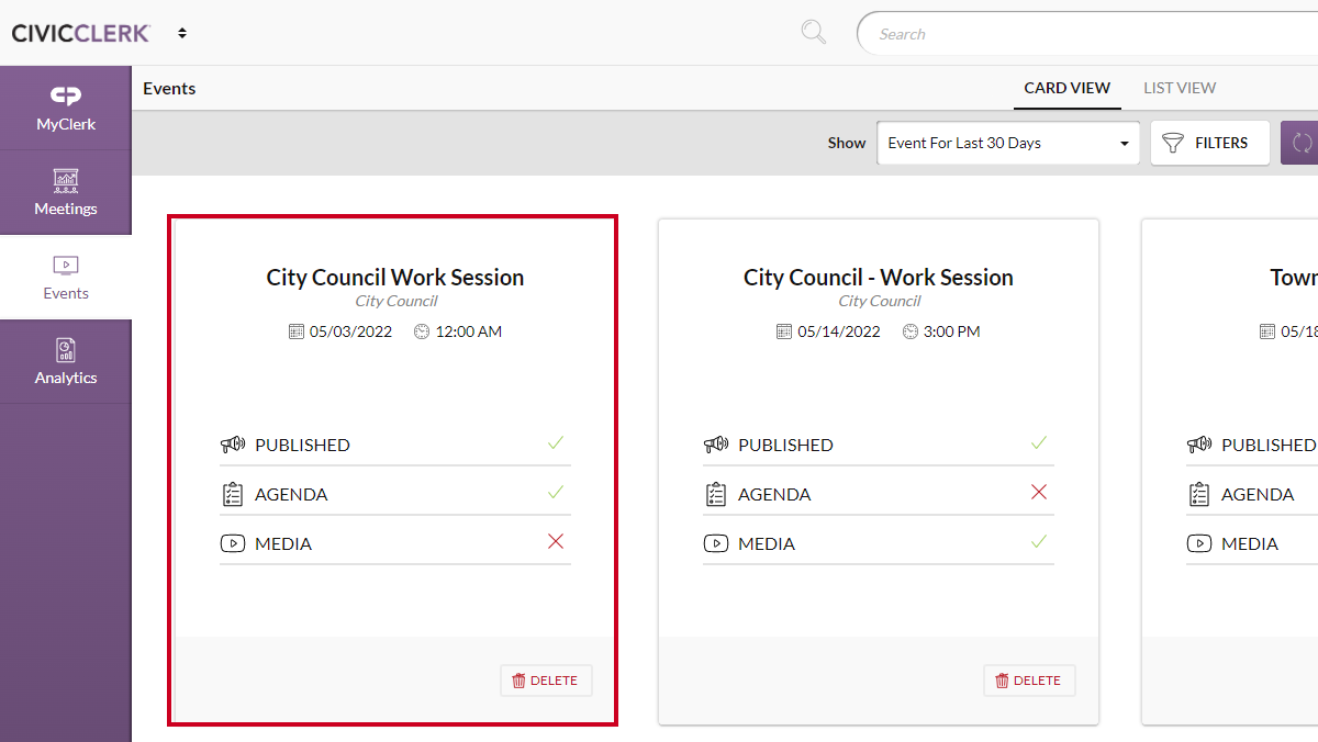City council work session event in the events list.