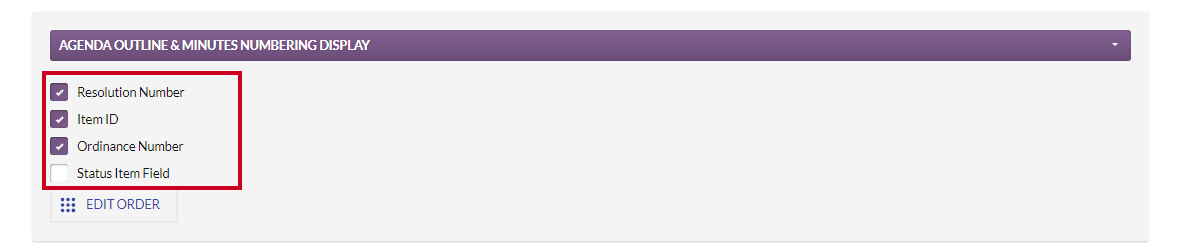 The Resolution Number, Item ID, Ordinance Number, and Status Item Field checkboxes.