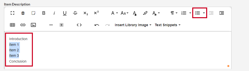 highlight and select bullet list button