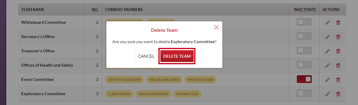 Delete team button on the delete team confirmation pop-up.