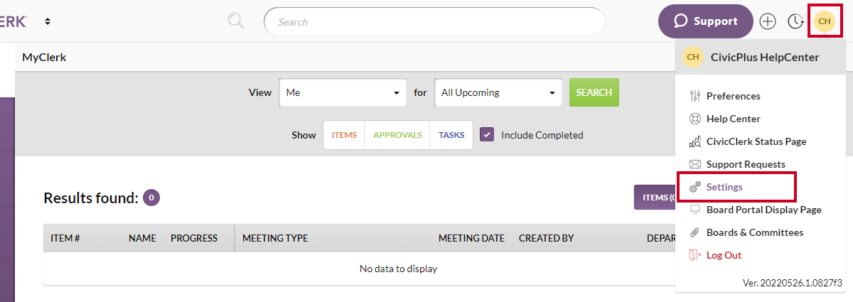 user menu, settings