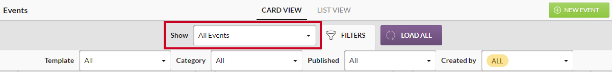 The Events module Show All Events filter.