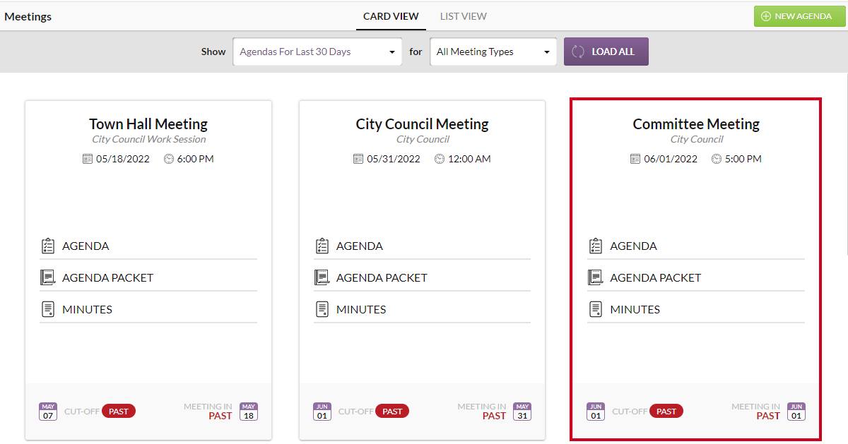 An example agenda tile in the Meetings module.