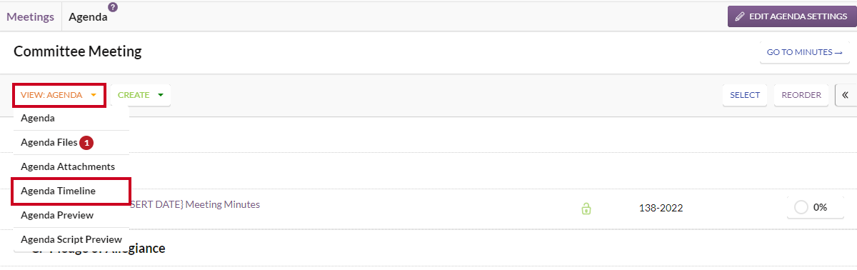 view menu, select agenda timeline