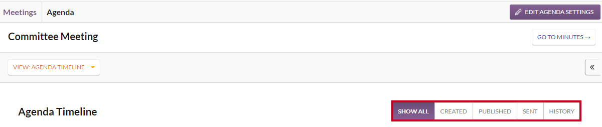 The agenda timeline filter actions.