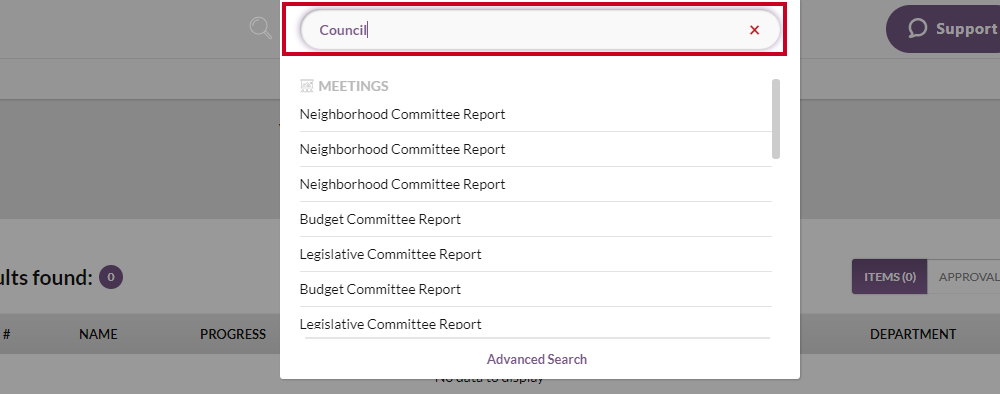 An example keyword in the Search bar with a list of search results below.