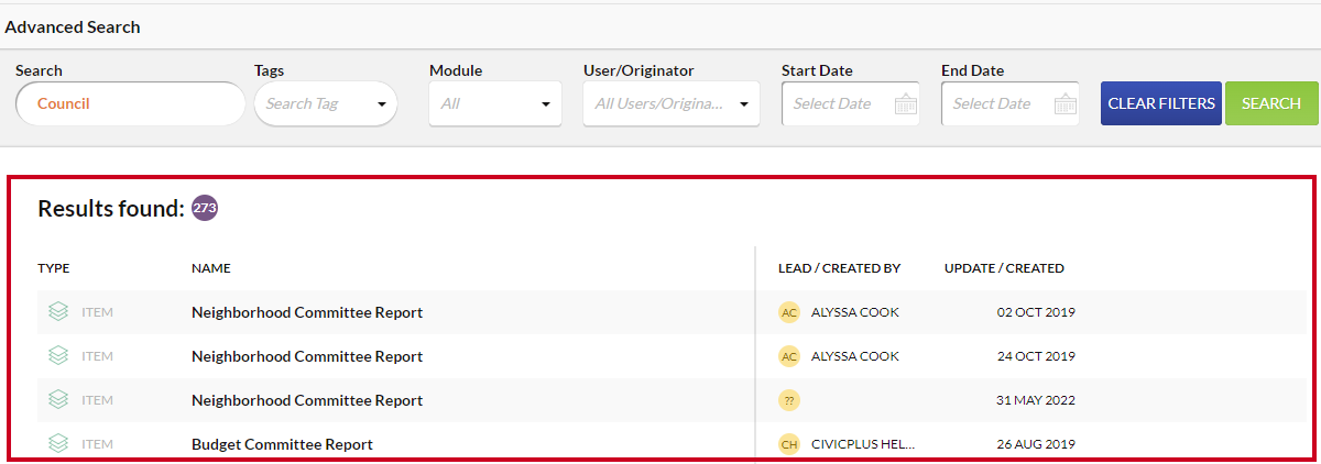 filtered results view