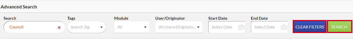 advanced filters, clear filters and search buttons